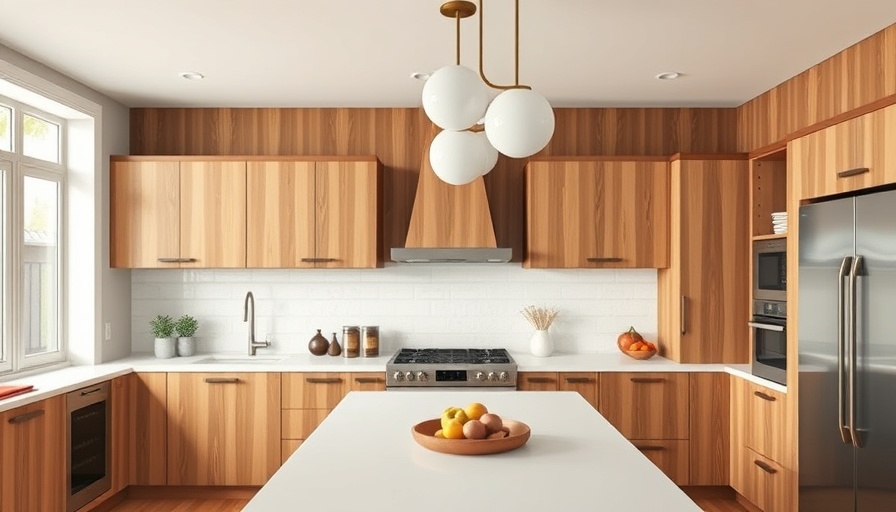 Midcentury modern kitchen renovation with wooden accents and pendant lights.