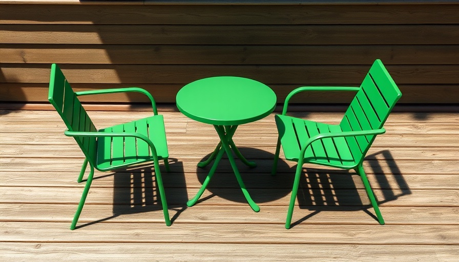 Minimalist green furniture set on wooden deck showing sustainable furniture trends 2025.