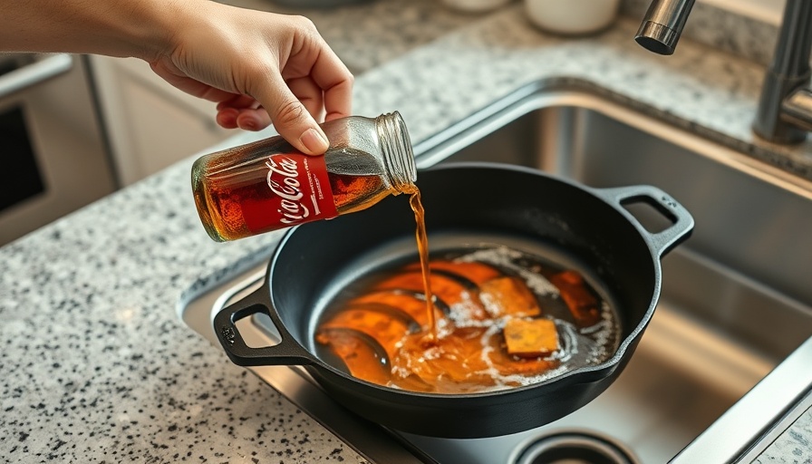 Coca-Cola poured into skillet for home cleaning hack.