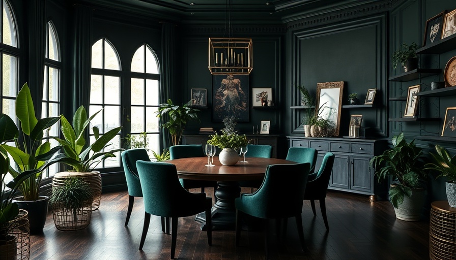Moody dark green dining room with elegant decor and plants.