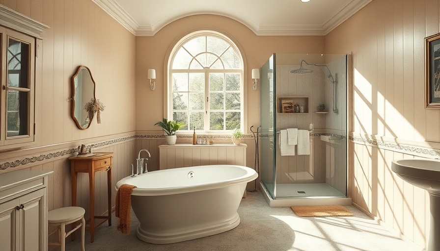 Spacious vintage bathroom with tub and glass shower, natural lighting.