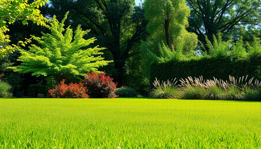 Lush green lawn with colorful trees and shrubs.