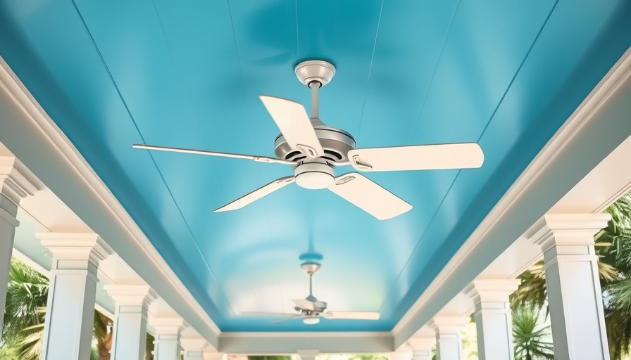 Vibrant blue porch ceiling with fan in Southern home.