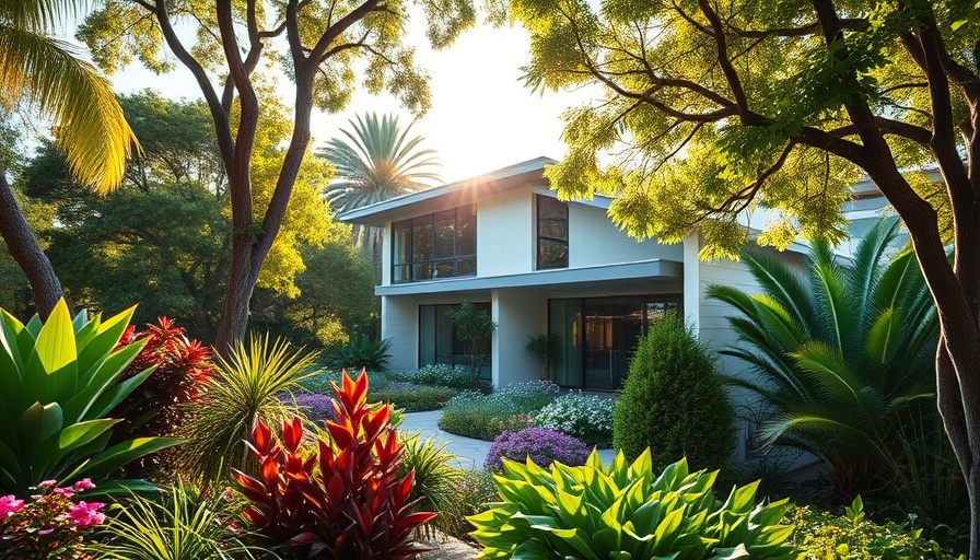 California homes surrounded by lush gardens and vibrant greenery.
