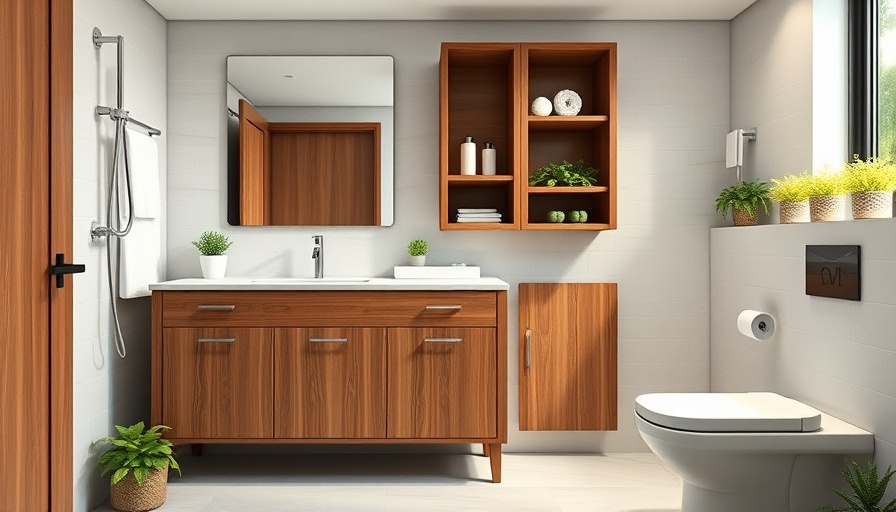 Smart bathroom storage solutions in a modern bathroom with a wooden vanity and greenery.