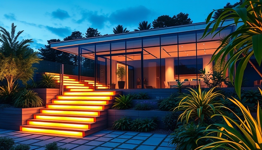Modern glass house with garden steps illuminated at dusk.