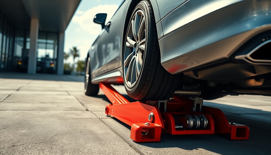 Types of car jacks: red hydraulic jack lifting car.