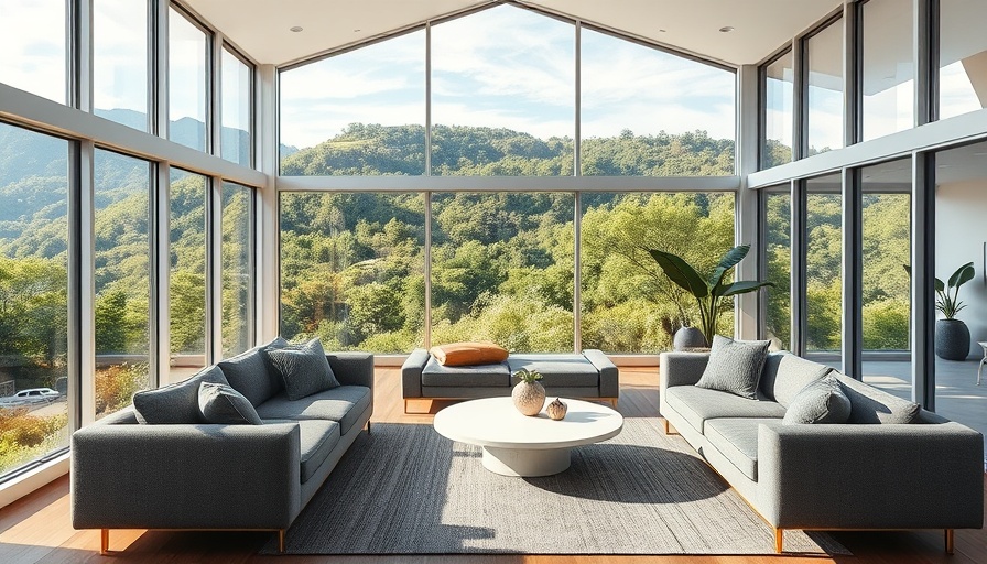 Modern living room with nature view, part of California homes maintenance checklist.