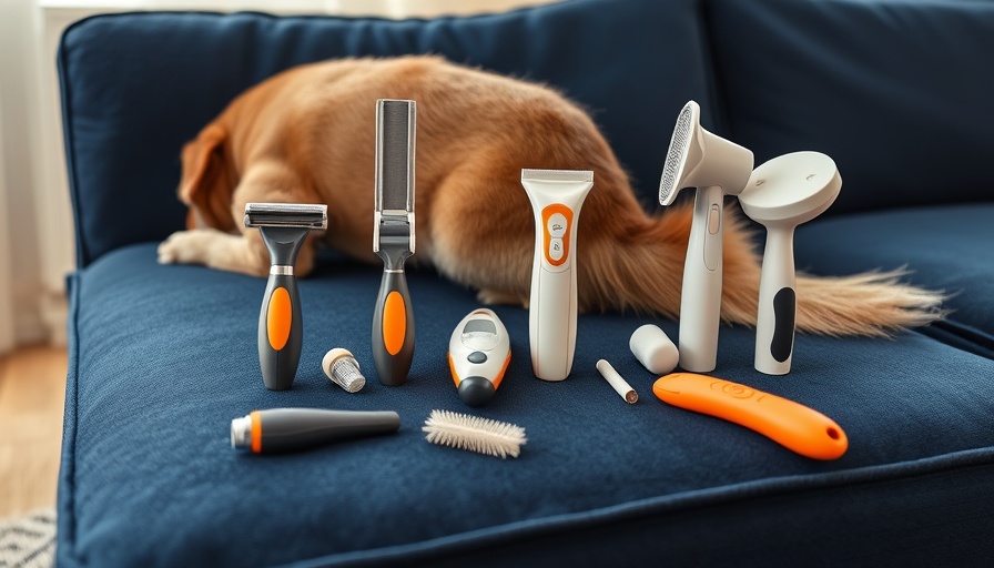 Different pet hair removal tools on a blue couch with dog's tail.
