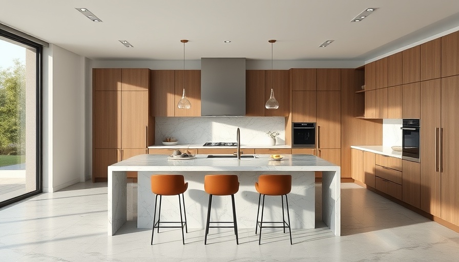 Modern kitchen with marble island and natural light.