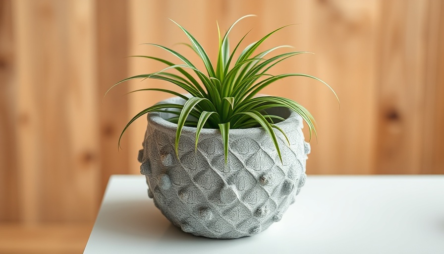 DIY hypertufa planter with spider plant on wood background.