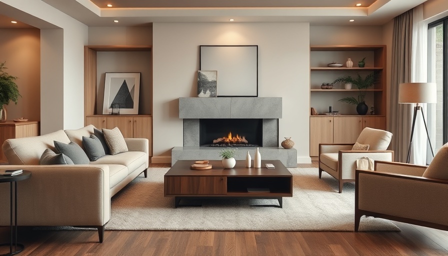 2025 furniture trends in a modern living room setting with beige sofa.