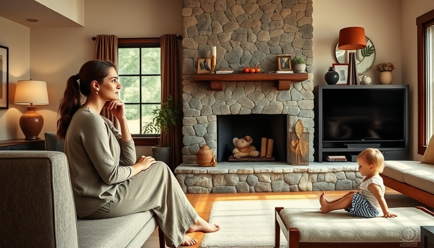 Cozy room with stone fireplace, seating, and playful child; warm ambiance.