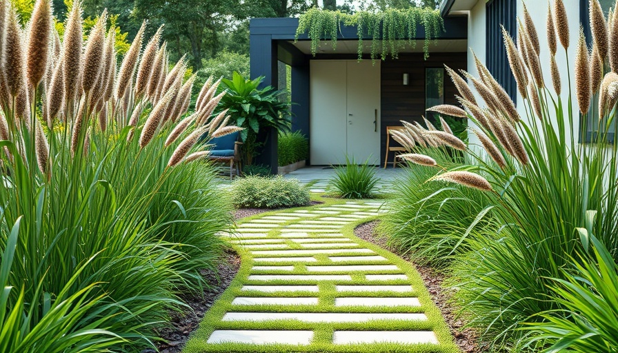 Charming garden path leading to a modern entrance, lush greenery.
