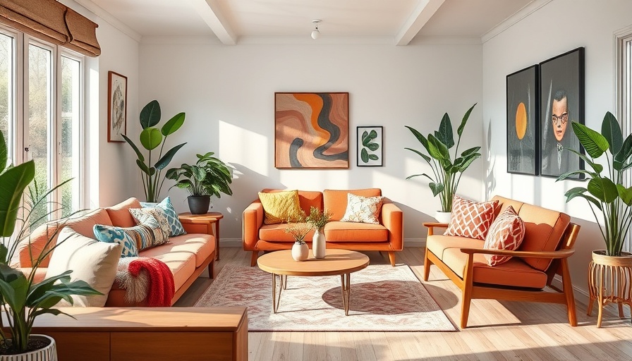 Bright mid-century modern living room with colorful decor and plants.