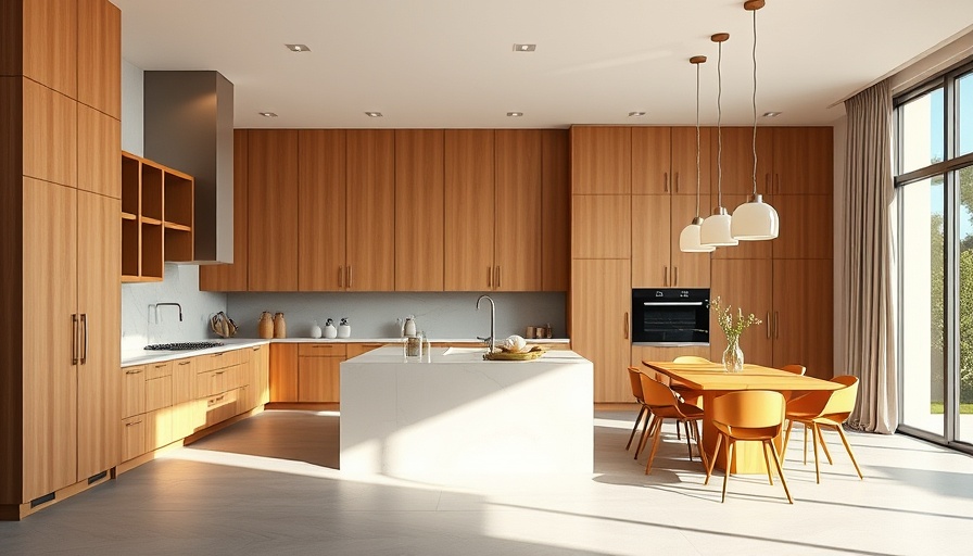 Modern California home kitchen with wooden cabinetry.