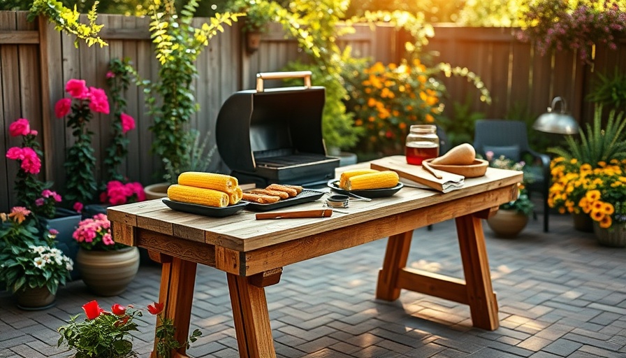 DIY grill table with barbecue setup in garden.