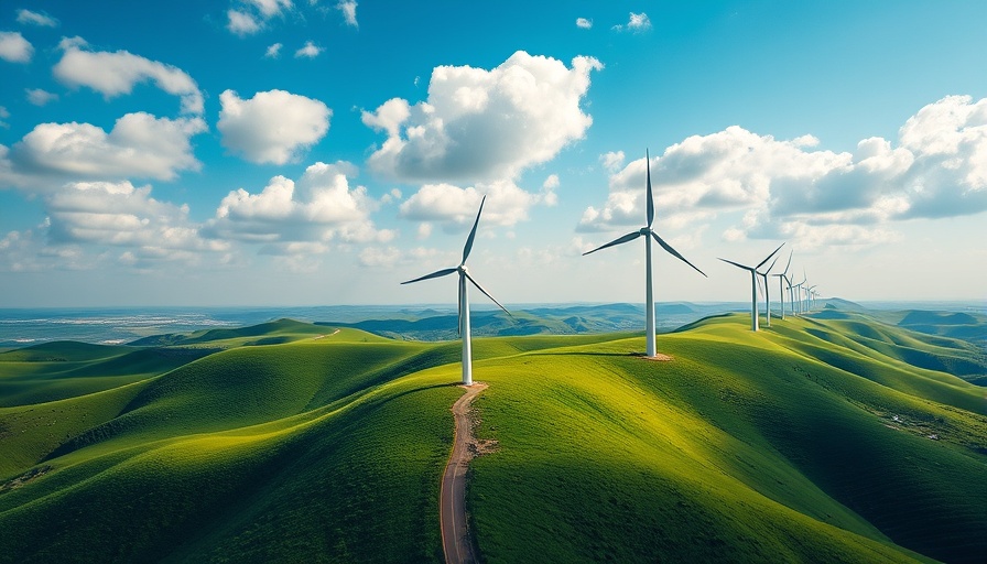 Aerial view of wind turbines on green hills under a cloudy sky.
