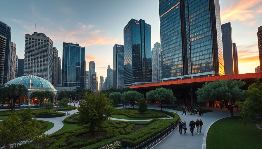 Cityscape showing skyscrapers with people in a park.