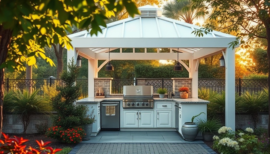 Charming built-to-last outdoor kitchen under white gazebo.