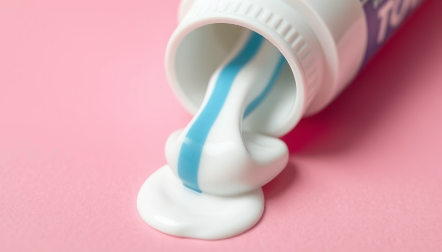 Close-up of toothpaste tube with striped paste on pink surface.