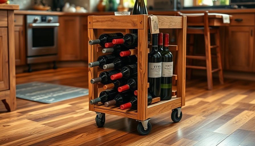 DIY Wine Racks and Hacks: Wooden mobile wine rack on wheels in kitchen.