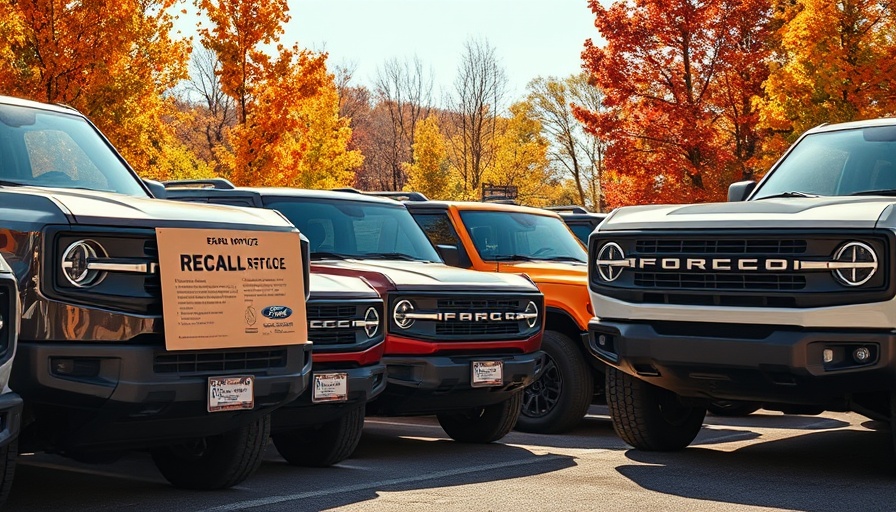 Ford Broncos lined up with product recall notice in autumn setting.