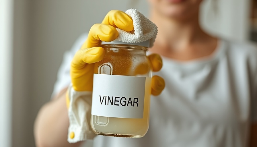Person cleaning with vinegar jar and cloth, close-up detail.
