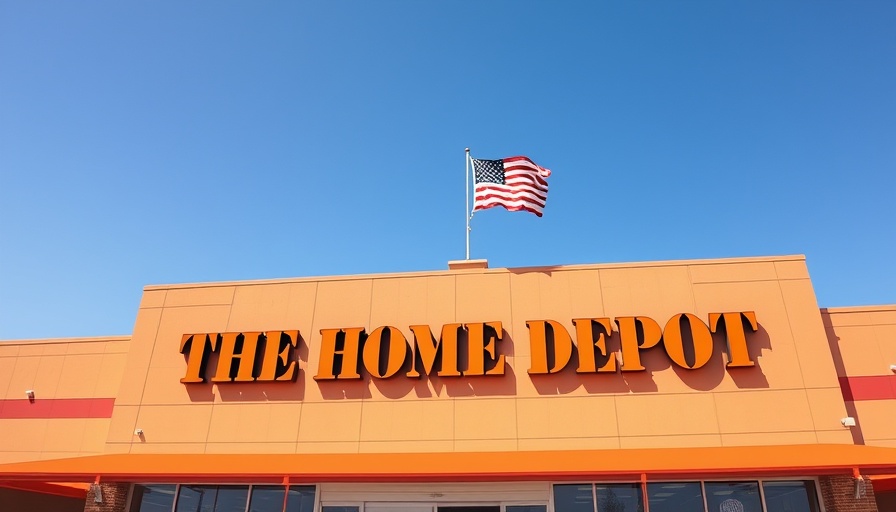 Home Depot storefront with American flag, clear sky.