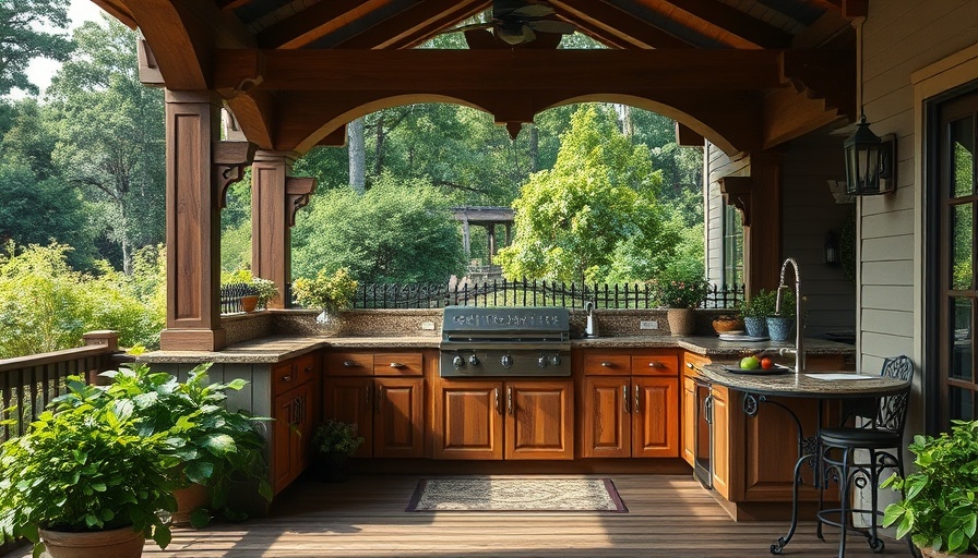 Vintage-inspired corbels in outdoor kitchen setting, lush greenery.
