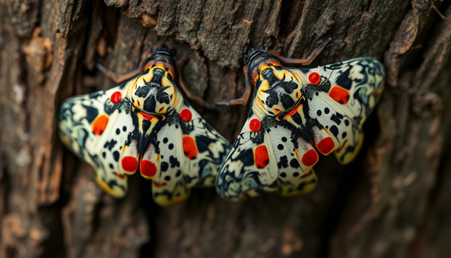 Colorful Spotted Lantern Flies resting on tree bark