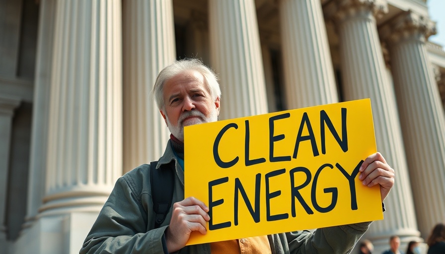 State climate action protestor holding clean energy sign.