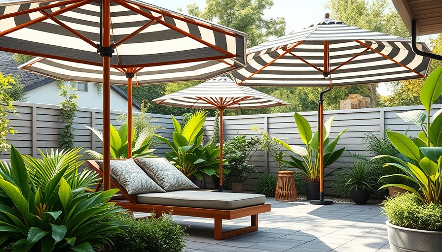 Affordable outdoor furniture dupes with striped umbrellas and wooden lounge.