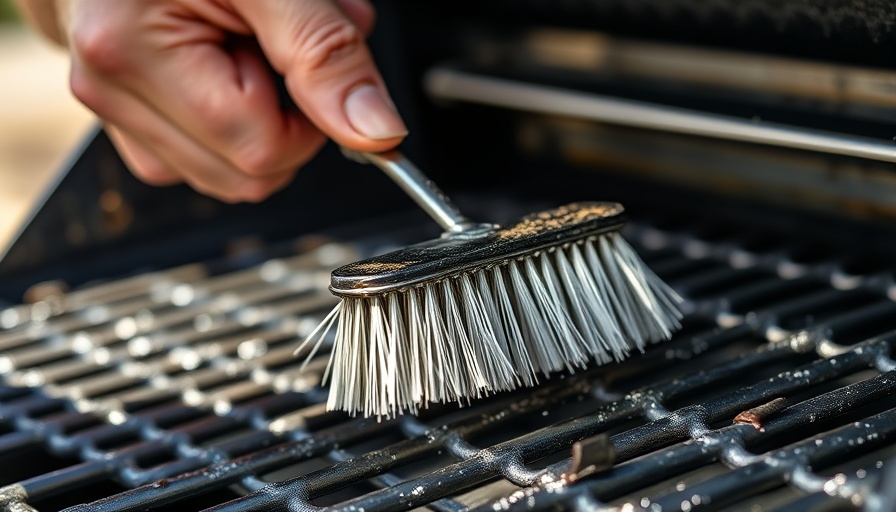 Hand using wire grill brush for safety, close-up cleaning in daylight.