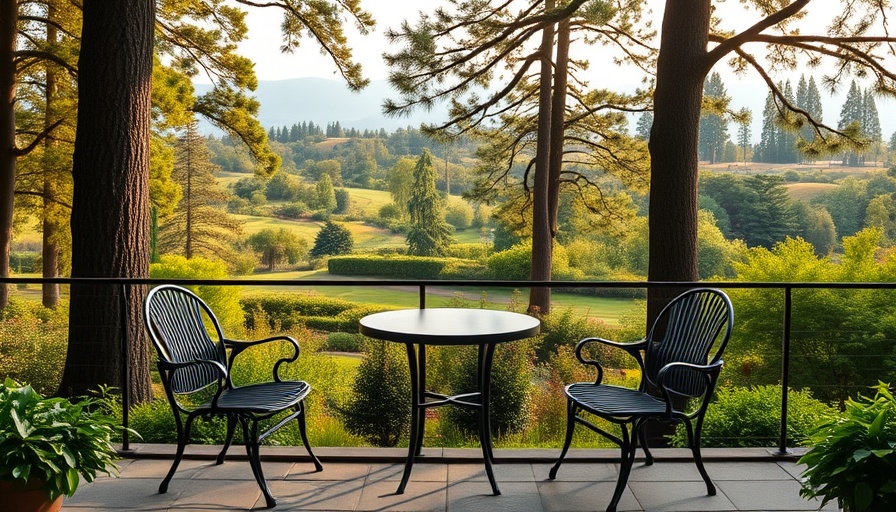 Serene outdoor memorial garden with chairs and a scenic view.