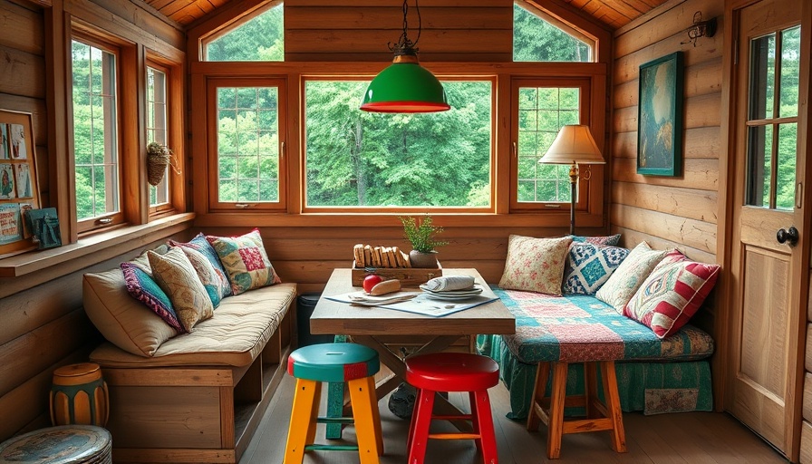 Cozy wooden cabin interior featuring colorful seating.