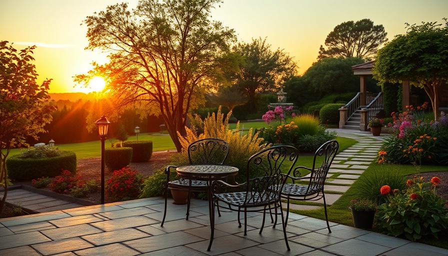 Hire a landscape contractor for a tranquil patio garden at sunset.