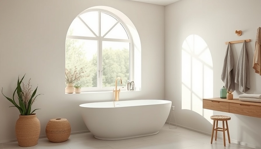 Modern organic bathroom design in California homes with bathtub and arched window.