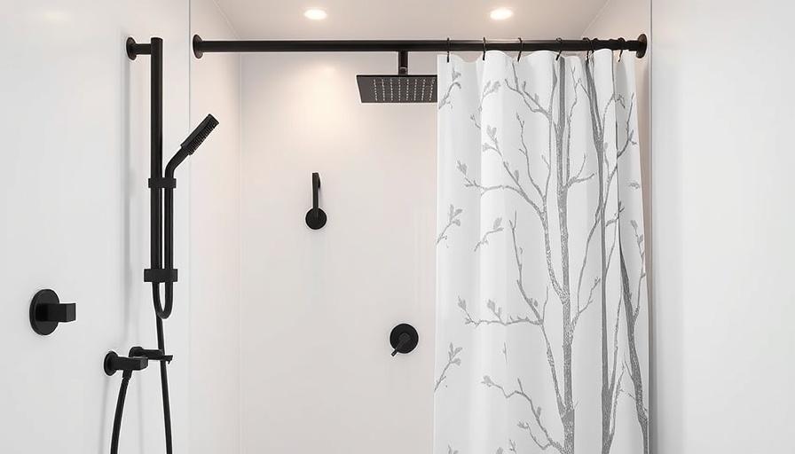 Modern shower with black fixtures in California home bathroom makeover.