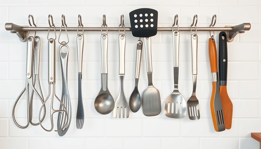 Organized kitchen utensils against a tiled wall.