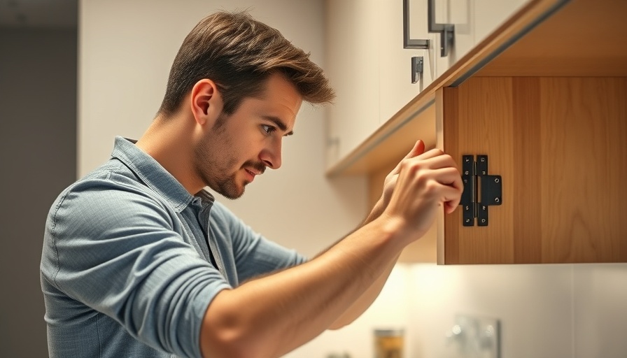 Young man installing euro hinges in modern kitchen