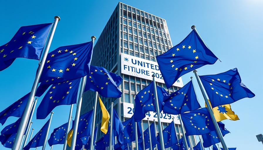 EU flags at European Commission building with 'UNITED for our FUTURE' banner.