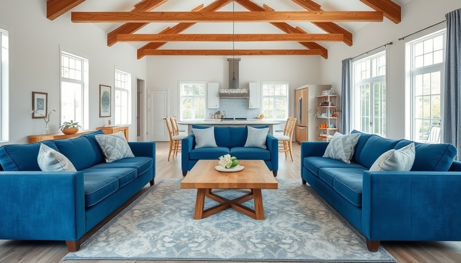 Spacious living area with blue sofas for separation in open floor plans.