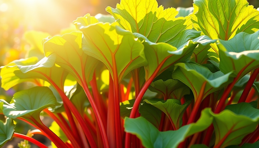 Lush rhubarb plant with green leaves and red stalks in a planter.