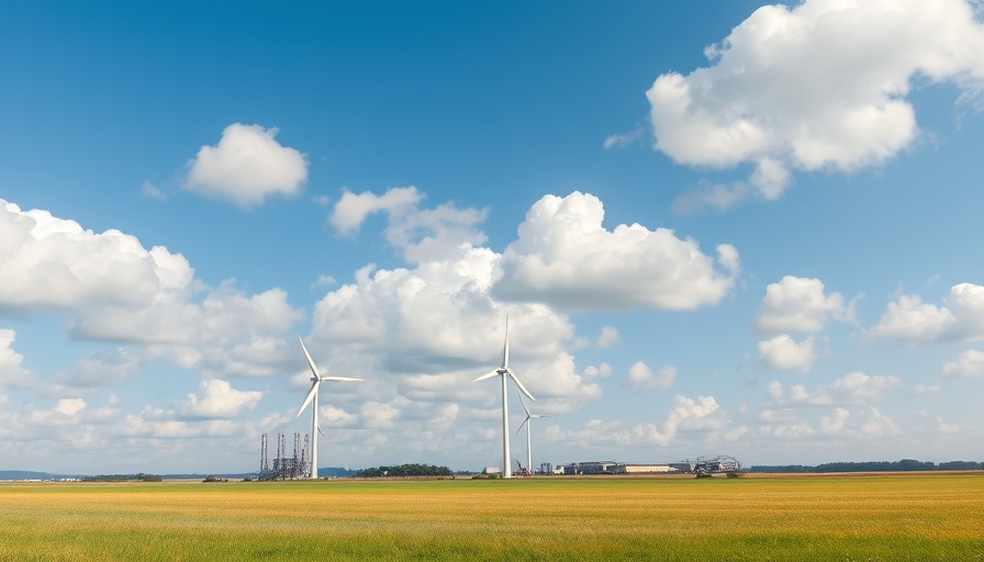 Wide landscape of wind turbine and industrial plant, clean energy concept.