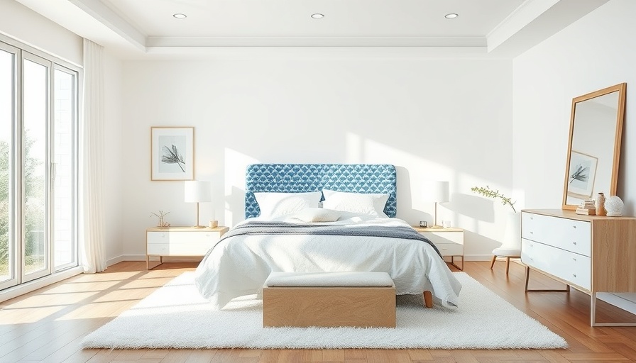 Modern bedroom design with white decor and blue accents.