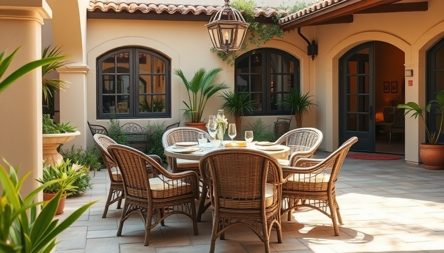 Cozy outdoor patio setting with wicker furniture in California.