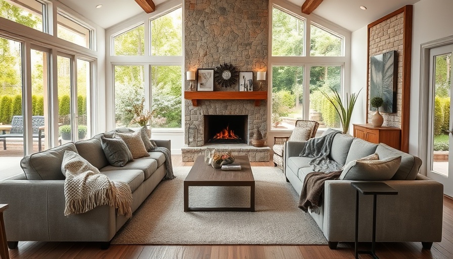 Cozy living room in California home with stone fireplace and garden view