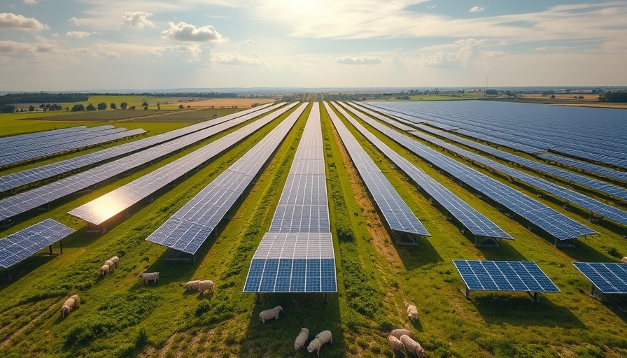 Agrivoltaic farm in Virginia with solar panels and grazing sheep.