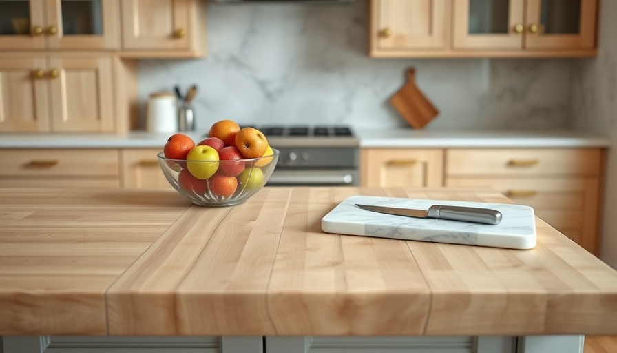 DIY Butcher Block Countertop with fruit bowl and cutting board in a modern kitchen.